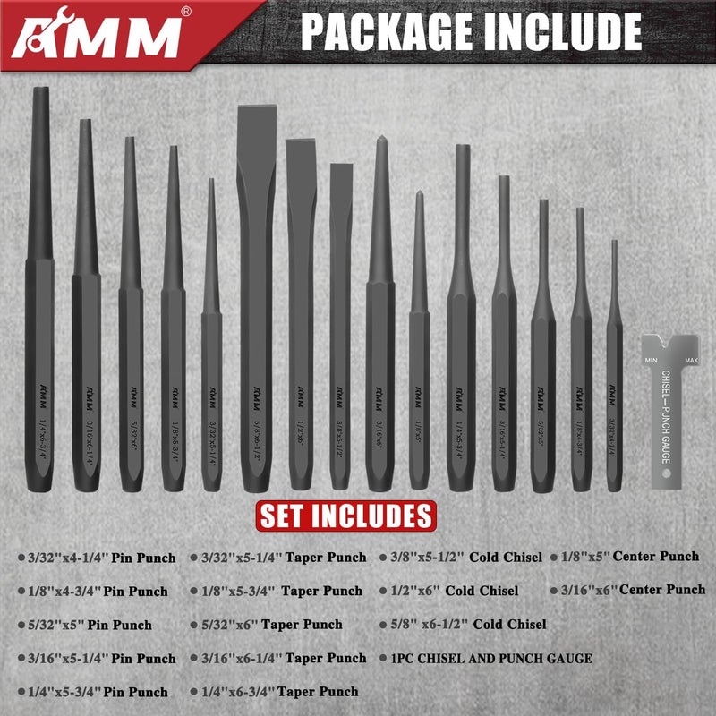 AMM 16PCS Punch and Chisel Set, including Taper Punch, Cold Chisels, Pin Punch and Center Punch, Cr-V for Working with Wood, Metal, Automotive - Image 2